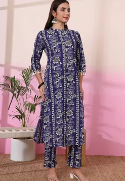 Digital Printed Pure Cotton Co Ord Set in Navy Blue