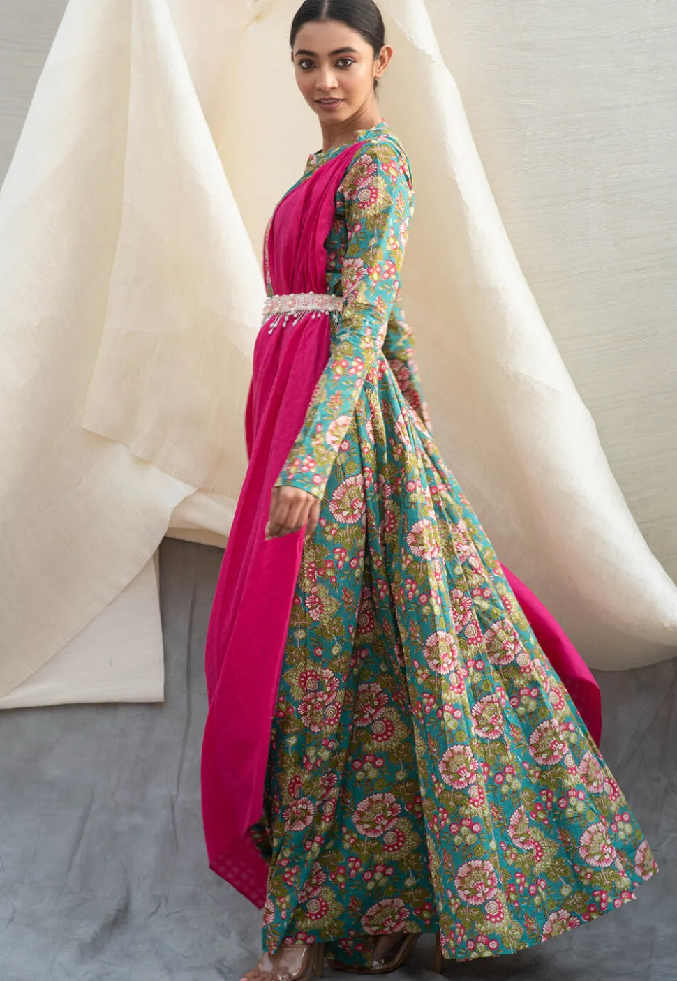 Digital Printed Pure Cotton Gown in Blue and Fuchsia