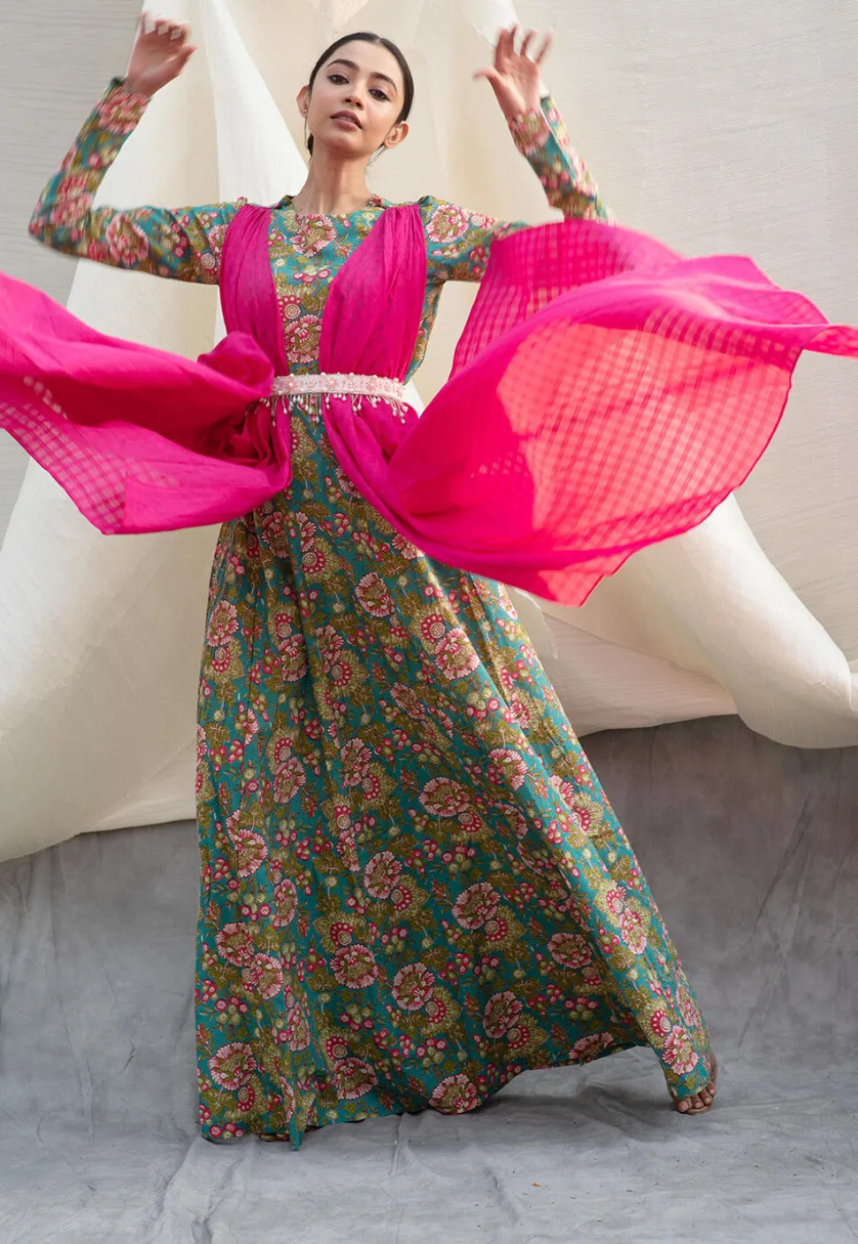 Digital Printed Pure Cotton Gown in Blue and Fuchsia