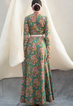 Digital Printed Pure Cotton Gown in Blue and Fuchsia