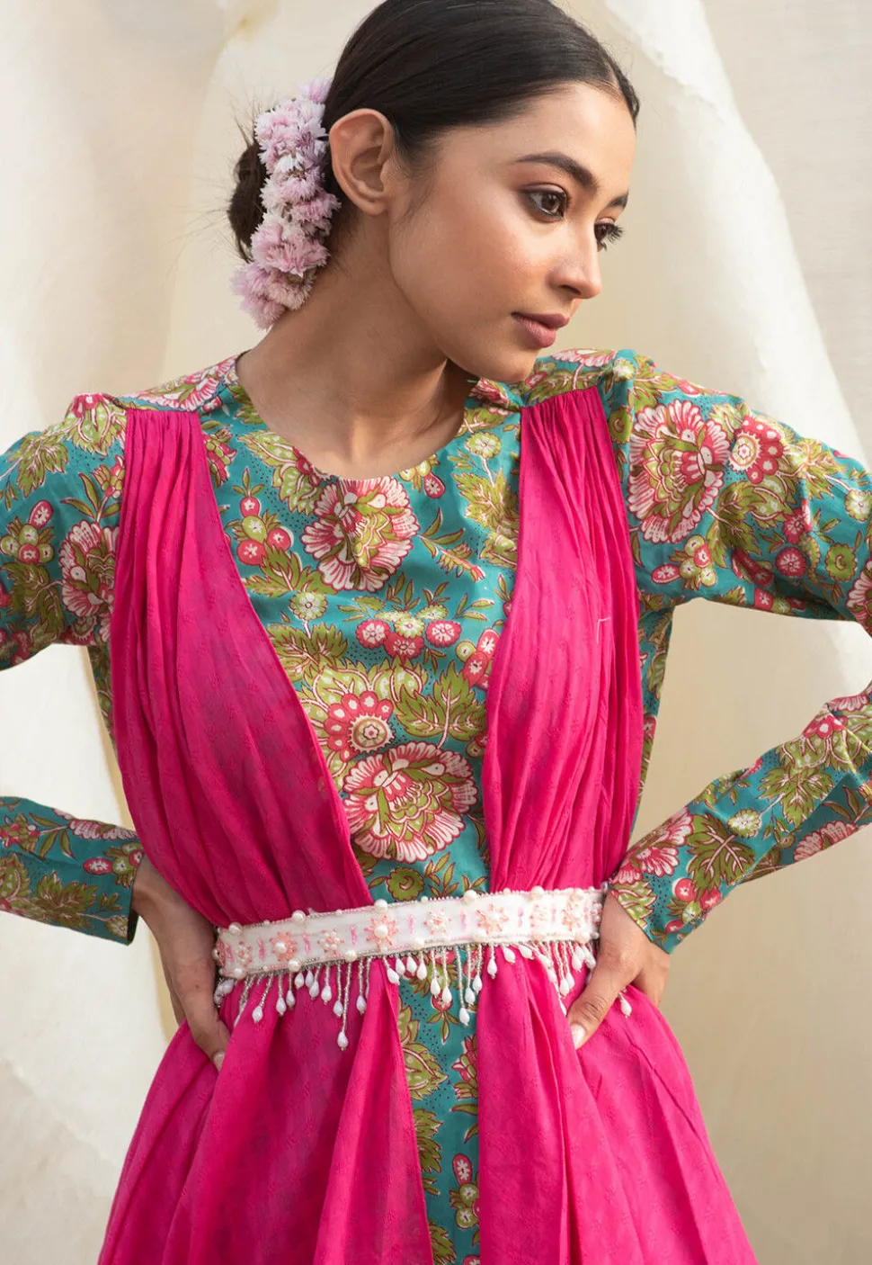 Digital Printed Pure Cotton Gown in Blue and Fuchsia