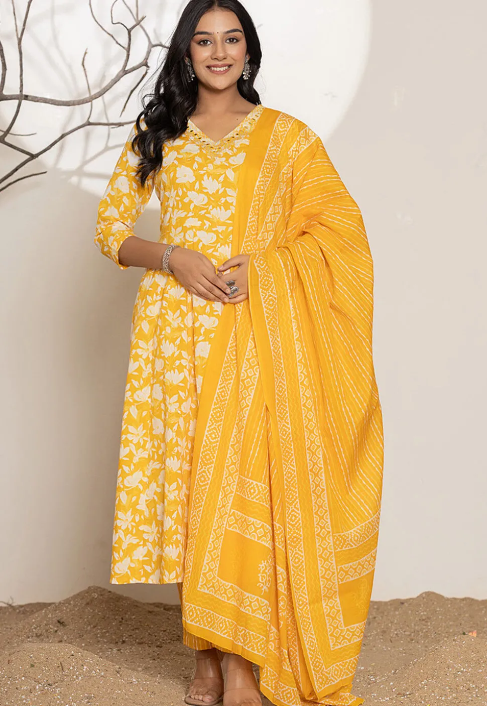 Digital Printed Pure Cotton A Line Suit in Yellow