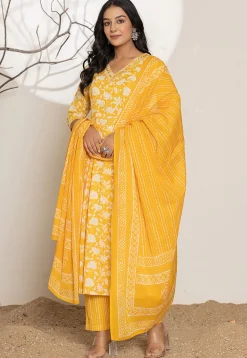 Digital Printed Pure Cotton A Line Suit in Yellow