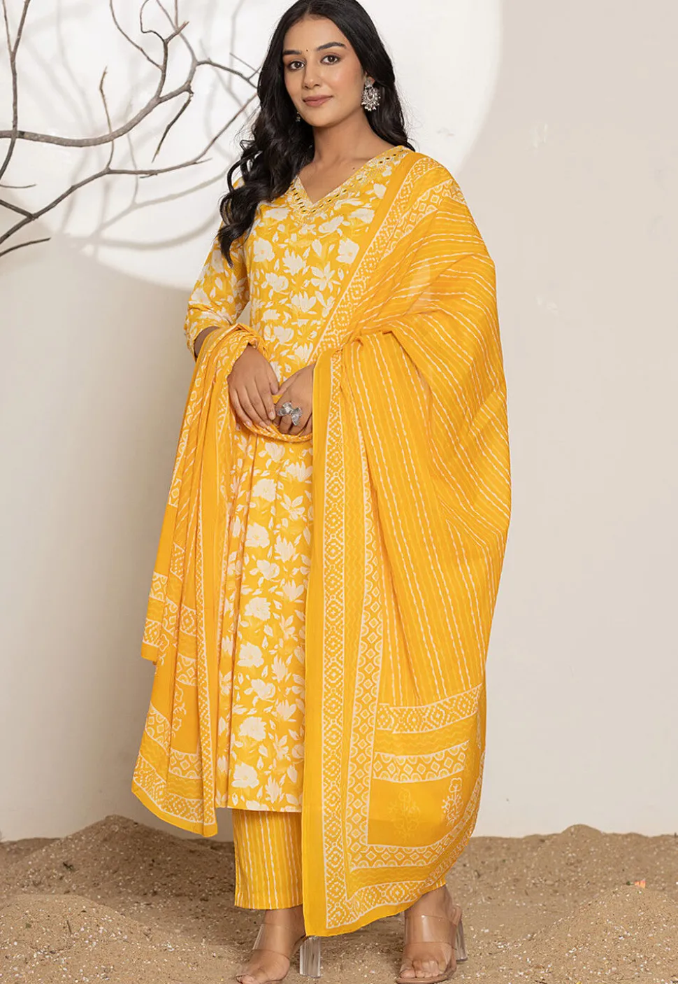 Digital Printed Pure Cotton A Line Suit in Yellow
