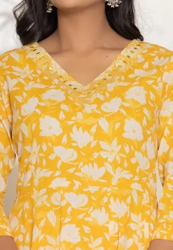 Digital Printed Pure Cotton A Line Suit in Yellow