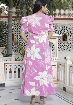Digital Printed Pure Cotton Maxi Dress in Pink