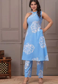 Digital Printed Pure Cotton Co Ord Set in Light Blue