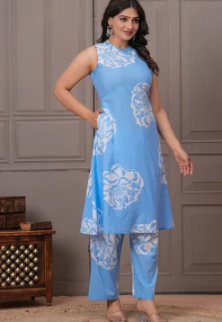 Digital Printed Pure Cotton Co Ord Set in Light Blue