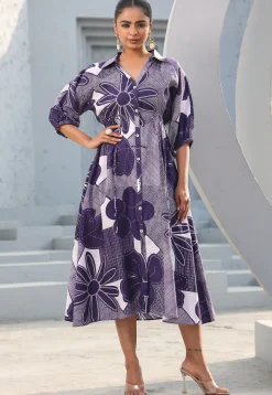 Digital Printed Pure Cotton A Line Dress in Indigo Blue