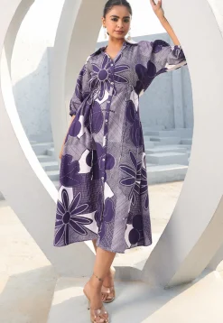 Digital Printed Pure Cotton A Line Dress in Indigo Blue