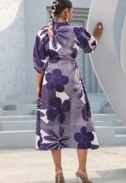 Digital Printed Pure Cotton A Line Dress in Indigo Blue
