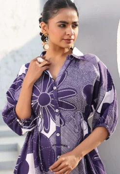 Digital Printed Pure Cotton A Line Dress in Indigo Blue