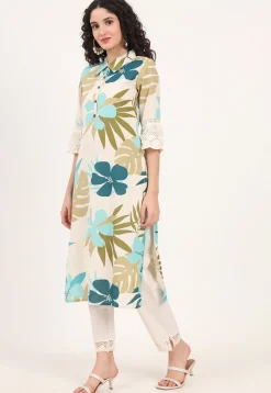 Digital Printed Pure Cotton Kurta in Off White