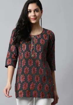 Digital Printed Pure Cotton Short Kurti in Black
