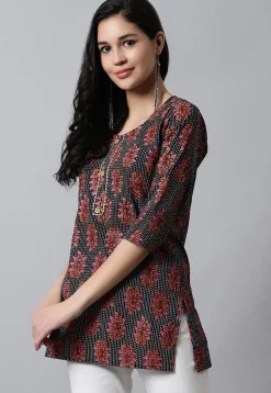 Digital Printed Pure Cotton Short Kurti in Black