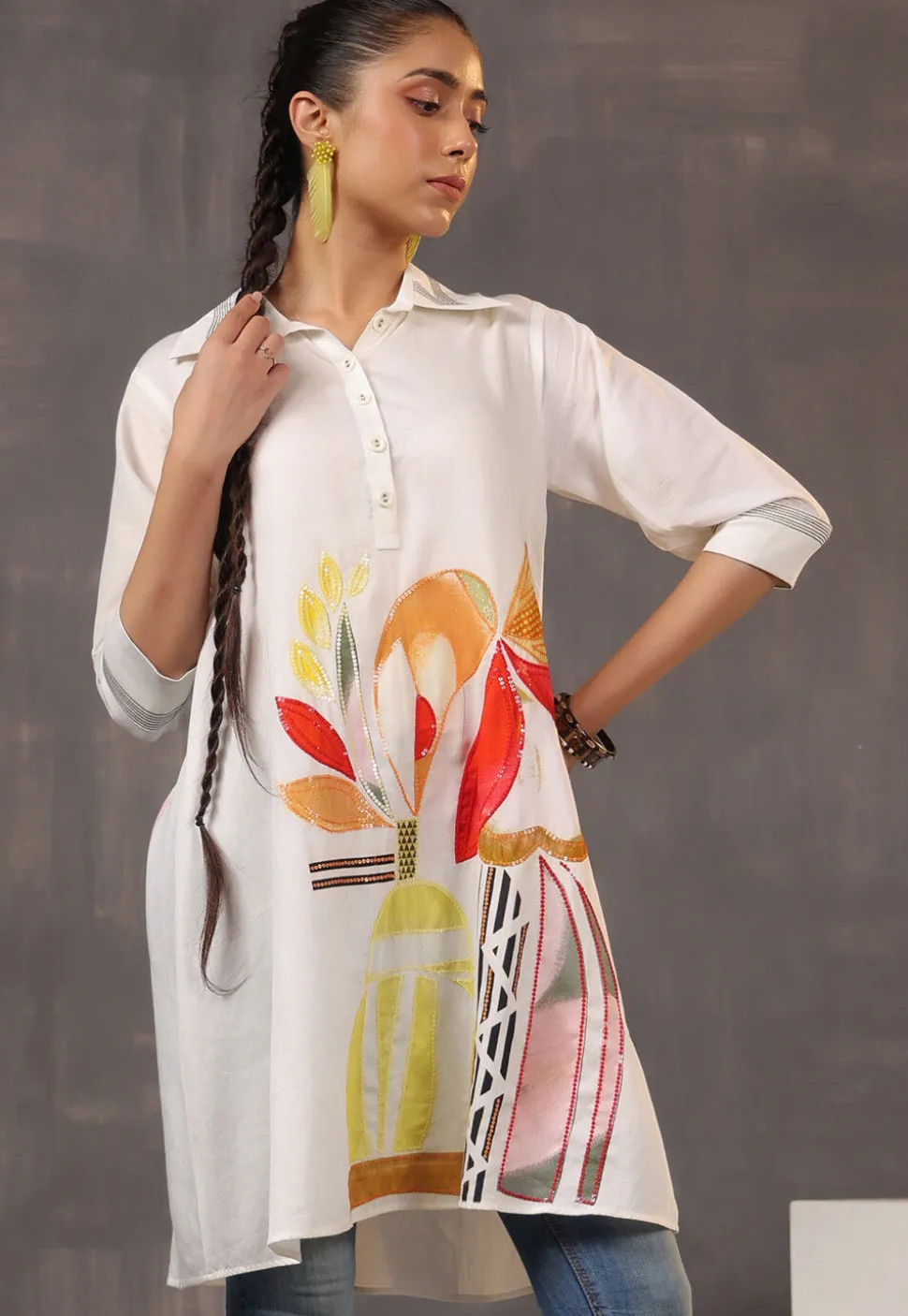 Digital Printed Pure Cotton Tunic in Off White