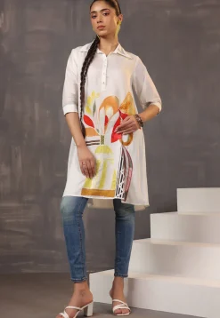 Digital Printed Pure Cotton Tunic in Off White