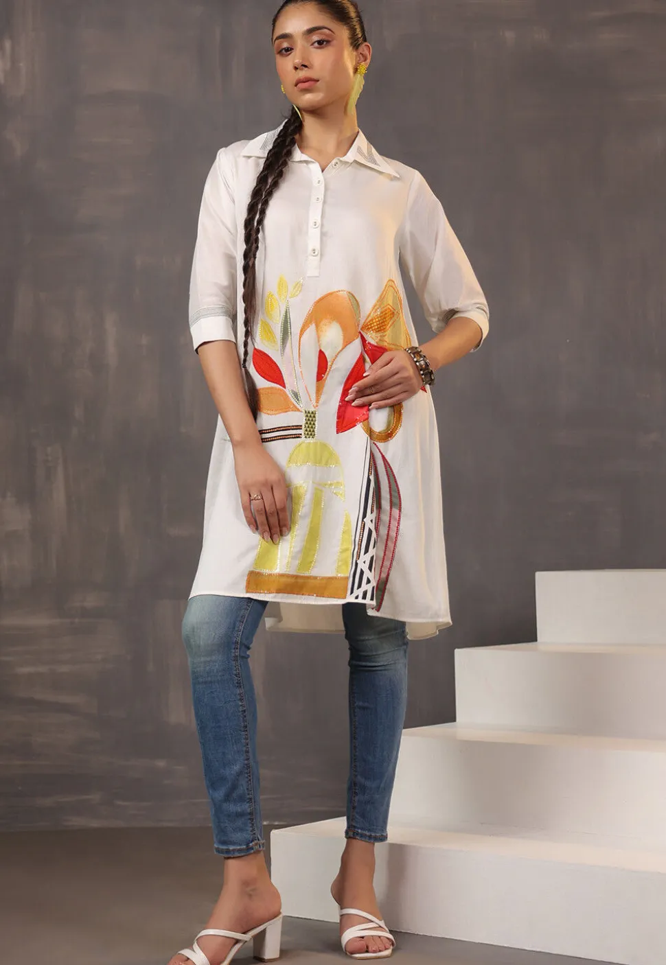 Digital Printed Pure Cotton Tunic in Off White