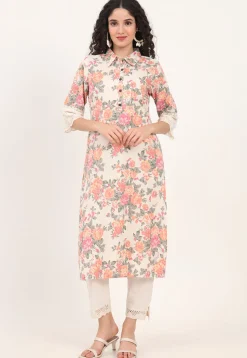 Digital Printed Pure Cotton Straight Kurta in Off White