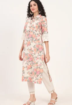 Digital Printed Pure Cotton Straight Kurta in Off White