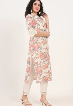 Digital Printed Pure Cotton Straight Kurta in Off White