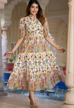 Digital Printed Pure Cotton A Line Dress in Off White