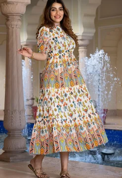 Digital Printed Pure Cotton A Line Dress in Off White