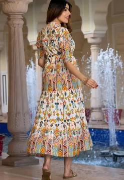 Digital Printed Pure Cotton A Line Dress in Off White