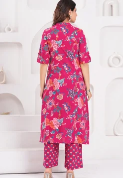 Digital Printed Pure Cotton A Line Kurta Set in Fuchsia