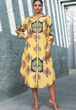 Digital Printed Pure Cotton Button Down Dress in Yellow