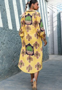 Digital Printed Pure Cotton Button Down Dress in Yellow