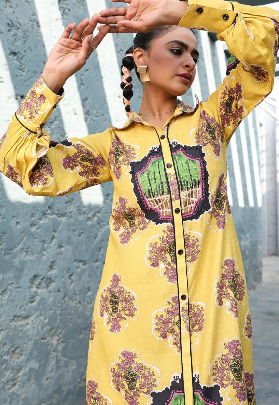 Digital Printed Pure Cotton Button Down Dress in Yellow