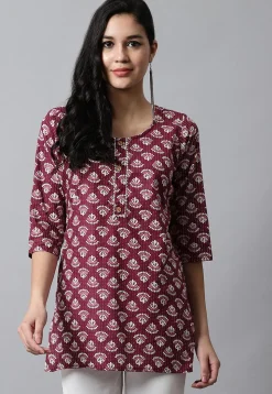 Digital Printed Pure Cotton Short Kurti in Maroon