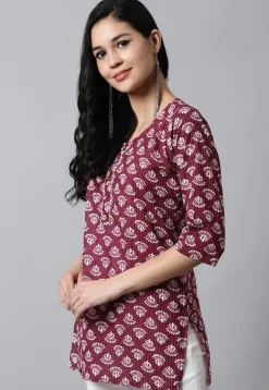 Digital Printed Pure Cotton Short Kurti in Maroon