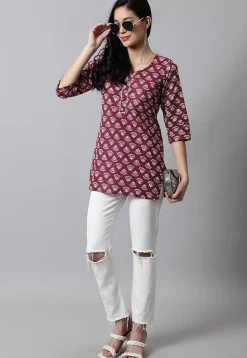 Digital Printed Pure Cotton Short Kurti in Maroon