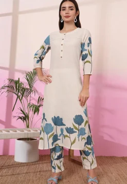 Digital Printed Pure Cotton Co Ord Set in Cream