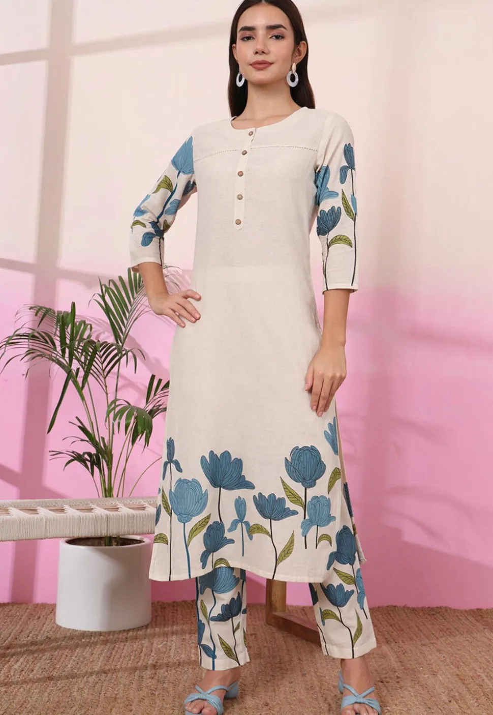 Digital Printed Pure Cotton Co Ord Set in Cream