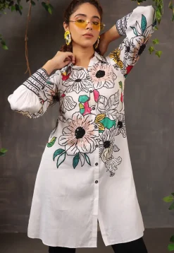 Digital Printed Pure Cotton Tunic in Off White