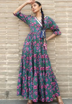 Digital Printed Pure Cotton Gown in Teal Blue