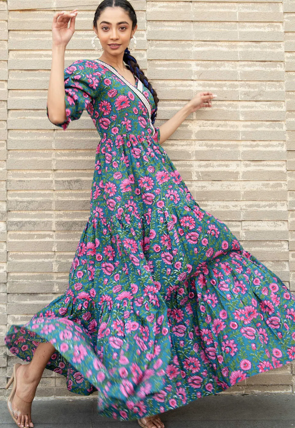 Digital Printed Pure Cotton Gown in Teal Blue