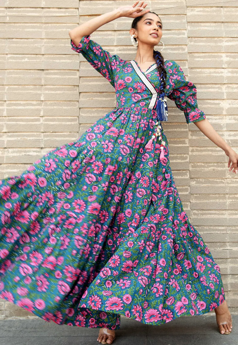 Digital Printed Pure Cotton Gown in Teal Blue