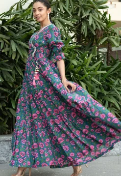 Digital Printed Pure Cotton Gown in Teal Blue
