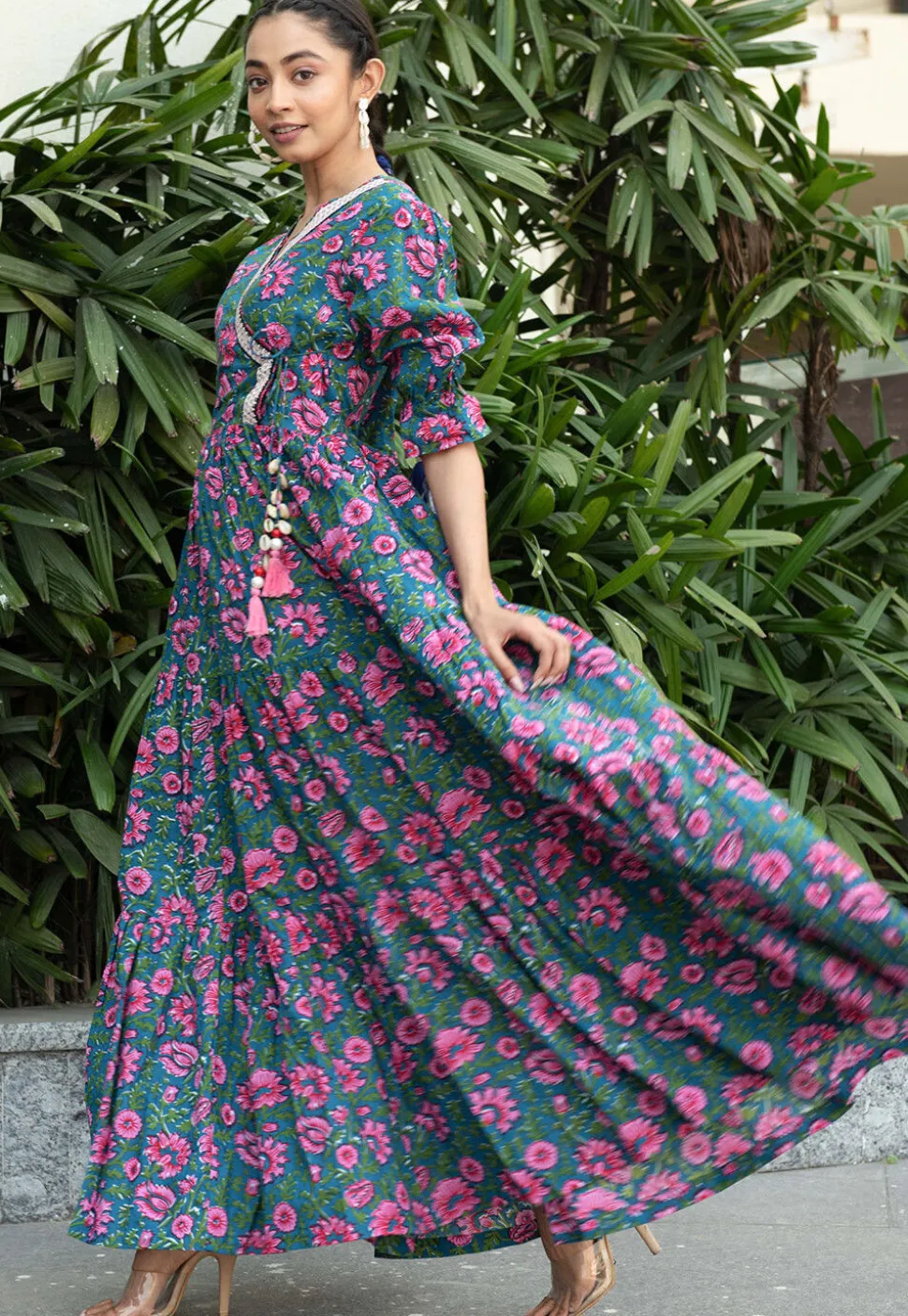 Digital Printed Pure Cotton Gown in Teal Blue