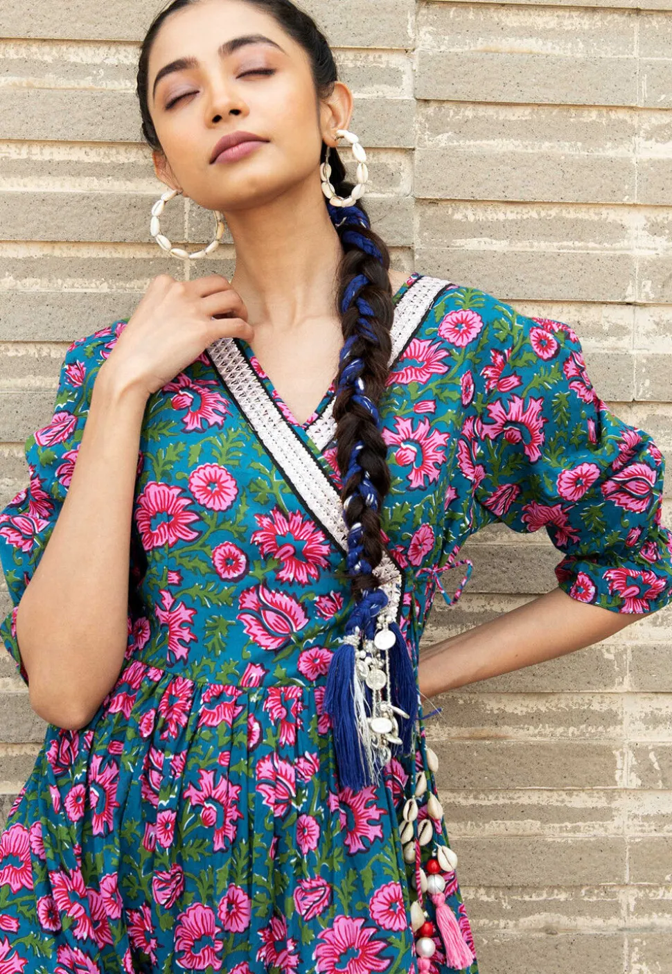 Digital Printed Pure Cotton Gown in Teal Blue