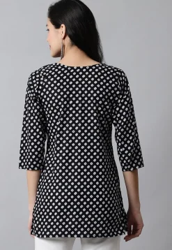 Digital Printed Pure Cotton Short Kurti in Black