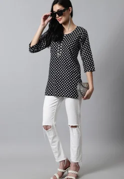 Digital Printed Pure Cotton Short Kurti in Black