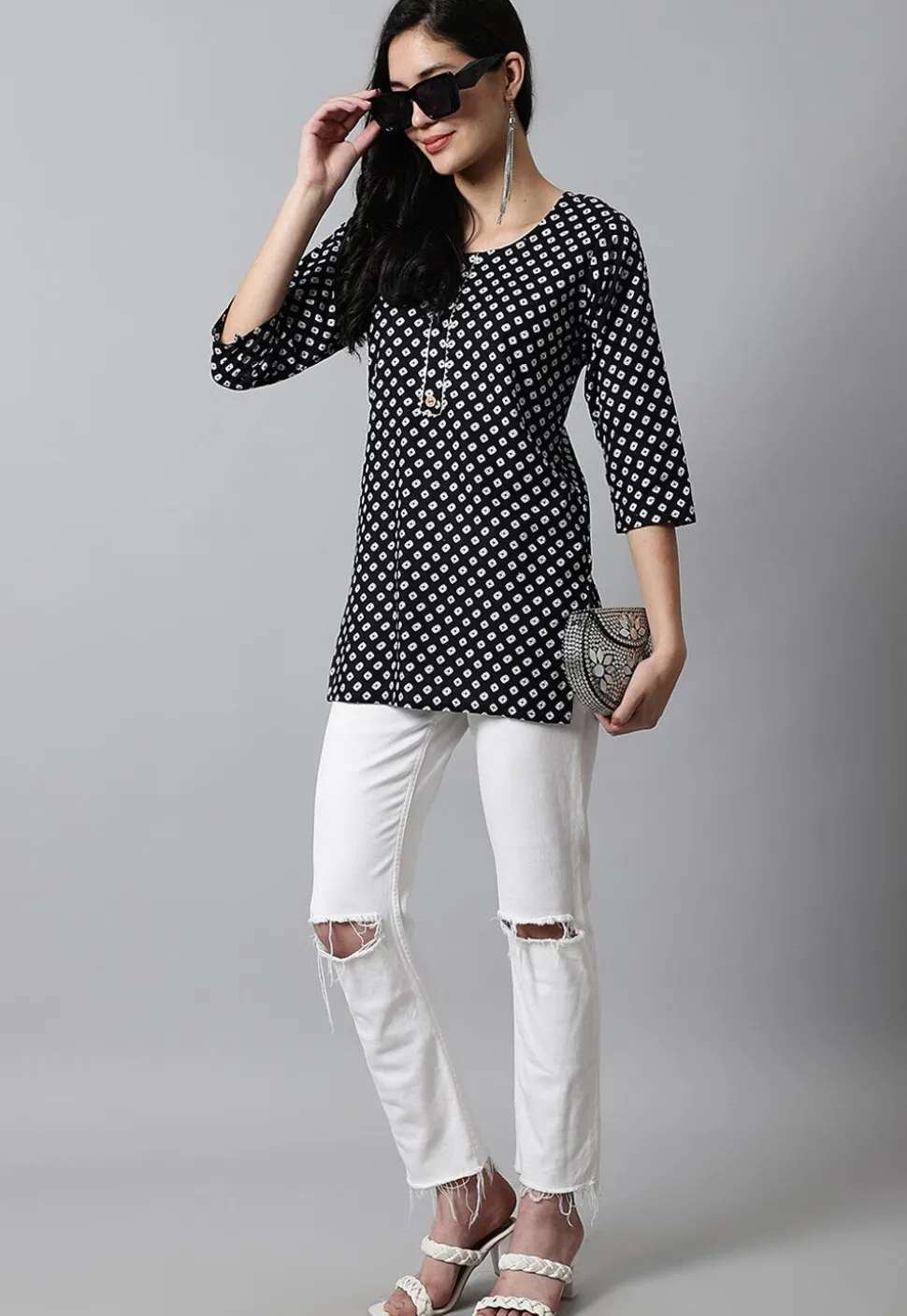 Digital Printed Pure Cotton Short Kurti in Black