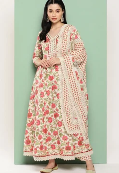 Digital Printed Pure Cotton Anarkali Suit in Off White