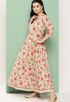 Digital Printed Pure Cotton Anarkali Suit in Off White