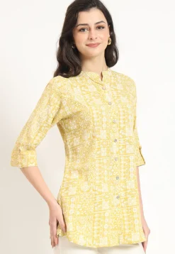 Digital Printed Pure Cotton Tunic in Yellow